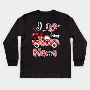 I Love Being Mama Red Plaid Truck Heart Valentines Day Kids Long Sleeve T-Shirt